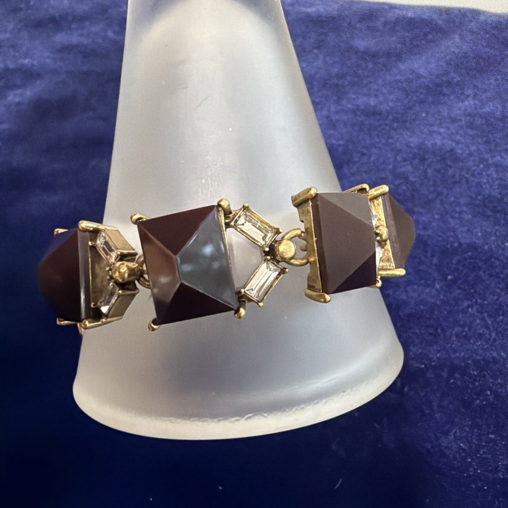 J Crew Brown Pyramid Clear Baguette Accent 7.5" Gold Tone Bracelet
